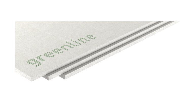 Gipsfaser-Platte greenline, drei weiße Platten fächerförmig übereinander gestapelt